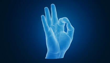 X-ray image of a hand forming an 'OK' gesture against a blue background.