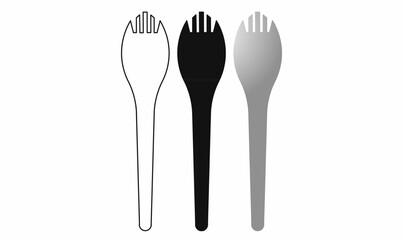Spork icon set in outline, solid, and shaded styles. Hybrid spoon and fork utensil for camping, outdoor, travel, or food-related vector illustrations.