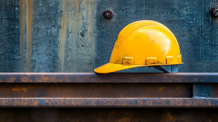 Yellow hard hat rests against a textured blue and brown metal surface.