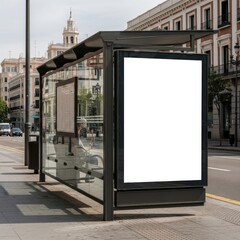 Blank Advertising Panel at a Busy City Bus Stop Shelter