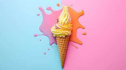 A yellow ice cream cone sits on a two-toned pink and blue background.