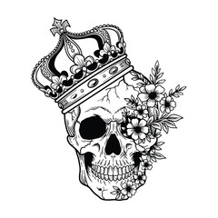 Skull with Crown and Flowers, Gothic Skeleton Head Illustration, Royal Skull Tattoo Style