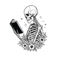 Skeleton Reading Book, Gothic Floral Skeleton, Spooky Book Lover, Skull Reading Art