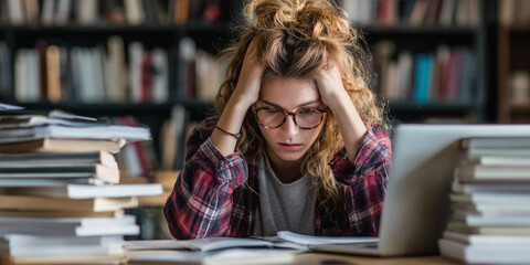 Eine gestresste Studentin sitzt mit Laptop und Bücherstapeln an einem Schreibtisch und kämpft mit ihrem Studium. Das Bild fängt Gefühle von Frustration und akademischem Druck 