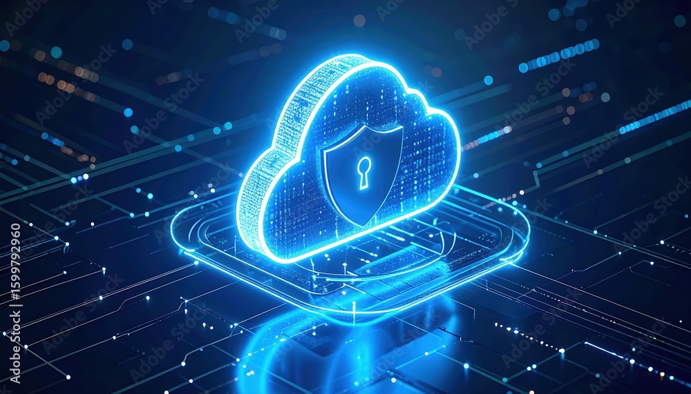 Poster highly detailed digital illustration of a secure cloud computing platform with a glowing shield icon