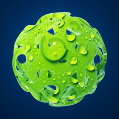 Abstract 3D green organic sphere with water droplets on a dark blue background.