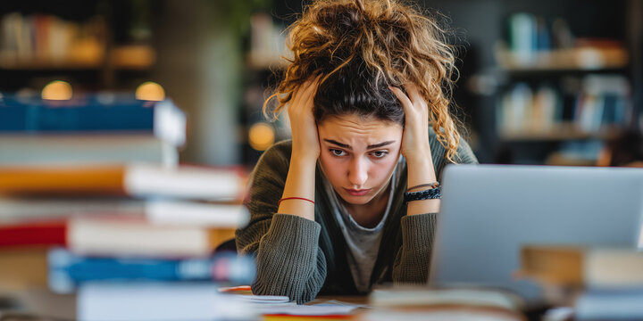Eine gestresste Studentin sitzt mit Laptop und B&uuml;cherstapeln an einem Schreibtisch und k&auml;mpft mit ihrem Studium. Das Bild f&auml;ngt Gef&uuml;hle von Frustration und akademischem Druck 