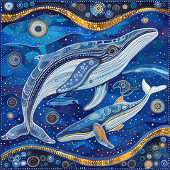 Australian Aboriginal dot painting art dreaming of whales in the blue ocean.
