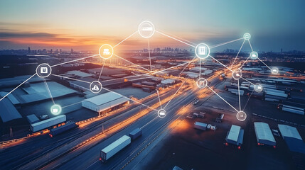 Aerial view of a logistics hub with connected digital network overlay at sunset.