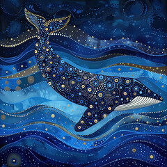 Australian Aboriginal dot painting art dreaming of whales in the blue ocean.