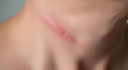 Fototapeta premium A painful neck rash from a suspected allergic reaction, a skincare concern before a wedding anniversary. Close-up on inflamed skin.