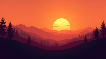 Fototapeta premium Minimalist landscape illustration featuring a sunrise over mountains and forests