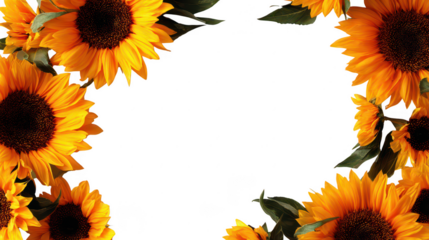 Bright Yellow Decorative Sunflower Border with Green Leaves on Transparent Background