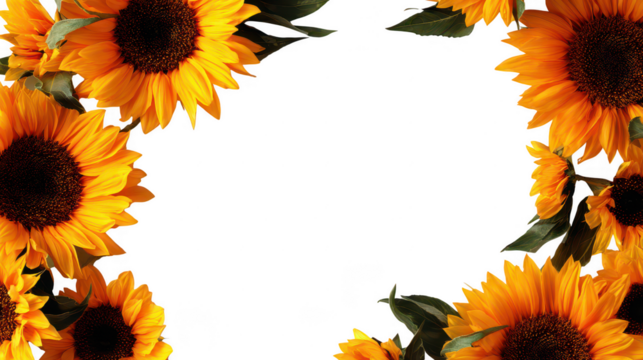 Bright Yellow Decorative Sunflower Border with Green Leaves on Transparent Background