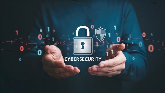 Cybersecurity concept with hands holding lock and shield amidst binary code for data protection