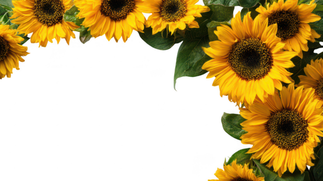 Bright Yellow Decorative Sunflower Border with Green Leaves on Transparent Background