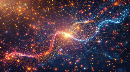 Two luminous, intertwined spirals of connected nodes and lines, resembling a DNA double helix, radiate warm and cool light against a dark, star-filled backdrop