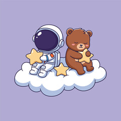 Cute Astronaut and Bear Dream Cloud Celestial Friends Holding Stars. vector illustration