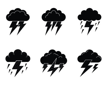 Cloudes Thunderstorm set collection pack black icon silhouette vector flat illustration design on white background