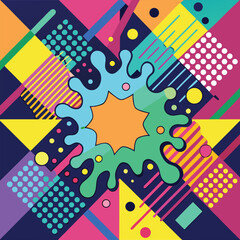 Abstract pop art color paint splash pattern background. Vector overlay geometric design of trendy Memphis 80s-90s style
