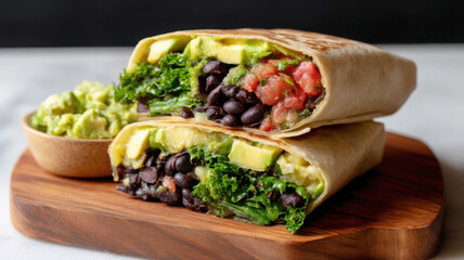 Healthy, high fiber, vegetarian recipes. A close-up of a fresh vegan burrito filled with black beans, avocado, kale, and salsa, served with a side of guacamole in a wooden bowl.