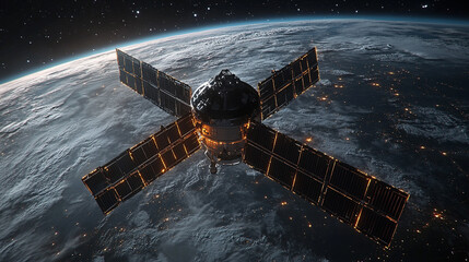 A sleek, high-tech artificial satellite orbits Earth against a backdrop of twinkling stars in deep space. The scene highlights advanced technology, space exploration, and futuristic satellite design w