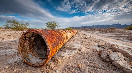 Rusty pipe in desert landscape representing decay, industrial impact, drought conditions, and aging infrastructure