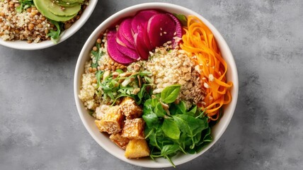 Healthy, high fiber, vegetarian recipes. A colorful, healthy bowl filled with quinoa, tofu, sliced radishes, shredded carrots, and fresh greens on a gray surface.