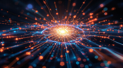 Obraz premium An abstract digital artwork depicting a radiant, central burst of light, surrounded by dynamic streaks and glowing particles in shades of blue and orange against a dark background, 