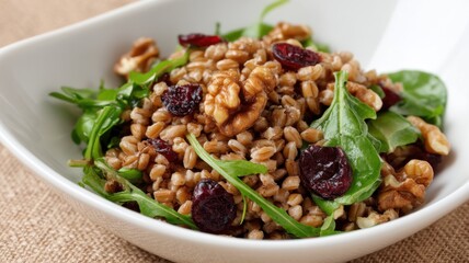 Healthy, high fiber, vegetarian recipes. A healthy bowl of wheat grain salad mixed with walnuts, dried cranberries, and fresh spinach leaves.