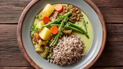 Healthy, high fiber, vegetarian recipes. A plate of vegetable curry with lentils, potatoes, green beans, and carrots served alongside a portion of brown rice on a wooden table.