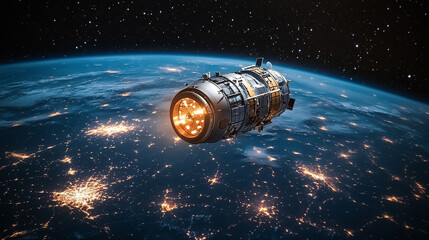 A sleek, high-tech artificial satellite orbits Earth against a backdrop of twinkling stars in deep space. The scene highlights advanced technology, space exploration, and futuristic satellite design w