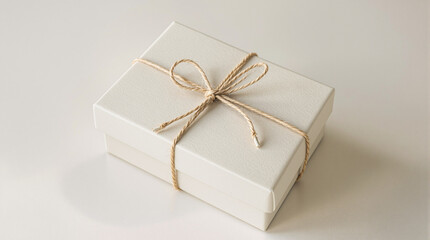Fototapeta premium A simple, off-white rectangular gift box sits on a light surface, tied with a beige twine bow. The box is subtly shadowed, creating a minimalist aesthetic