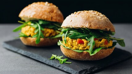 Healthy, high fiber, vegetarian recipes. Two vegetarian sandwiches with arugula, tomato, and a grain-based patty on whole grain buns served on a black slate platter.