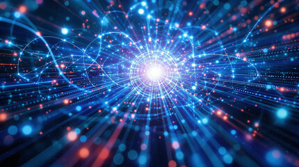 Fototapeta premium An abstract digital artwork depicting a vibrant, luminous energy field emanating from a central point, with swirling lines of light and glowing particles in shades of blue, red, and white against