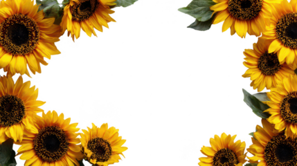 Bright Yellow Decorative Sunflower Border with Green Leaves on Transparent Background