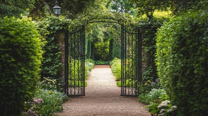 Ornate metal gate opens to a tranquil garden path, lined with lush greenery and flowers.