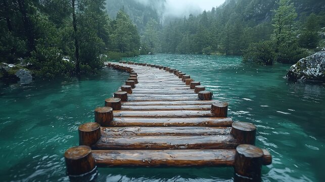 Serene Rain: Wooden Pathway Across a Misty Lake