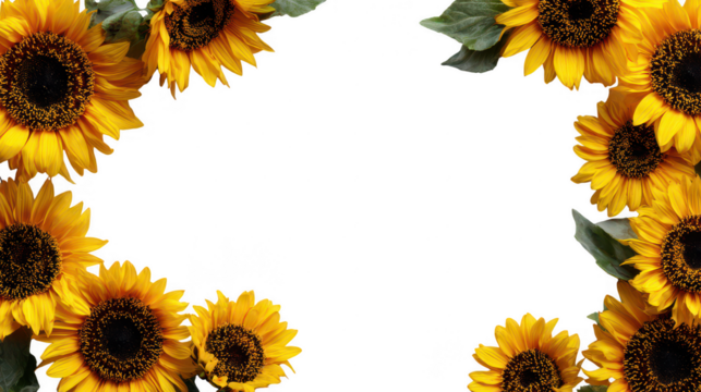Bright Yellow Decorative Sunflower Border with Green Leaves on Transparent Background