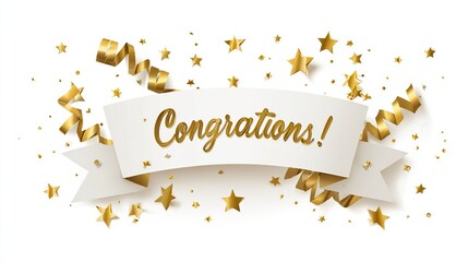 White banner with gold confetti and stars, celebrating congratulations