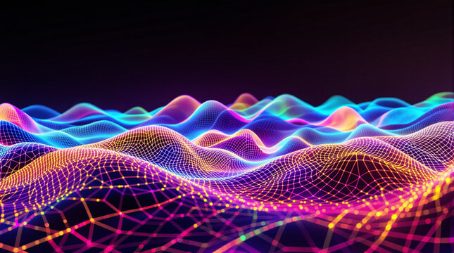 Vibrant, neon-hued waves of interconnected points form a flowing, undulating landscape against a dark background.  The mesh-like structure creates a sense of depth and movement