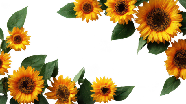 Bright Yellow Decorative Sunflower Border with Green Leaves on Transparent Background