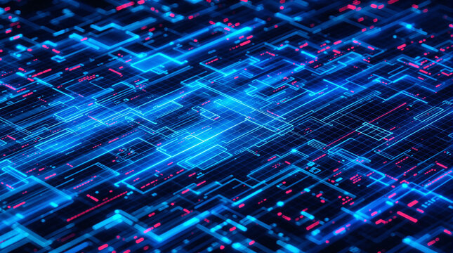 Abstract digital landscape of glowing blue and pink interconnected lines and shapes forming a complex network on a dark background