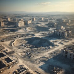 Obraz premium Aerial view of a deserted city with ruins and craters in a barren landscape