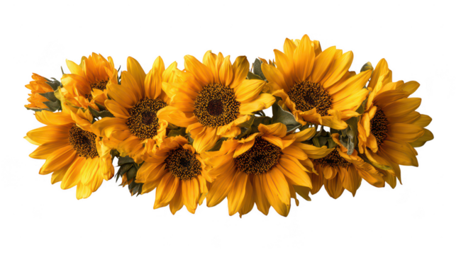 Bright Yellow Decorative Sunflower Border with Green Leaves on Transparent Background