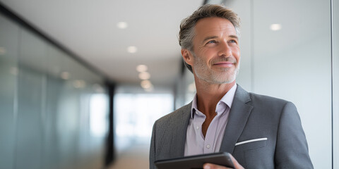 Gl&uuml;cklicher Gesch&auml;ftsmann mittleren Alters im Anzug steht im B&uuml;ro und nutzt ein digitales Tablet. 