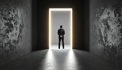 Obraz premium Businessman standing at the entrance to the light. Business concept about success and ambition.