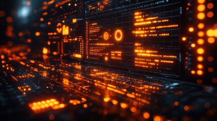 Futuristic data wall glowing with orange code
