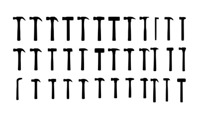 A diverse collection of black hammer silhouettes. Set of various construction and carpentry tool icons isolated on a white background.
