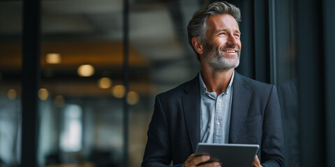 Gl&uuml;cklicher Gesch&auml;ftsmann mittleren Alters im Anzug steht im B&uuml;ro und nutzt ein digitales Tablet. 